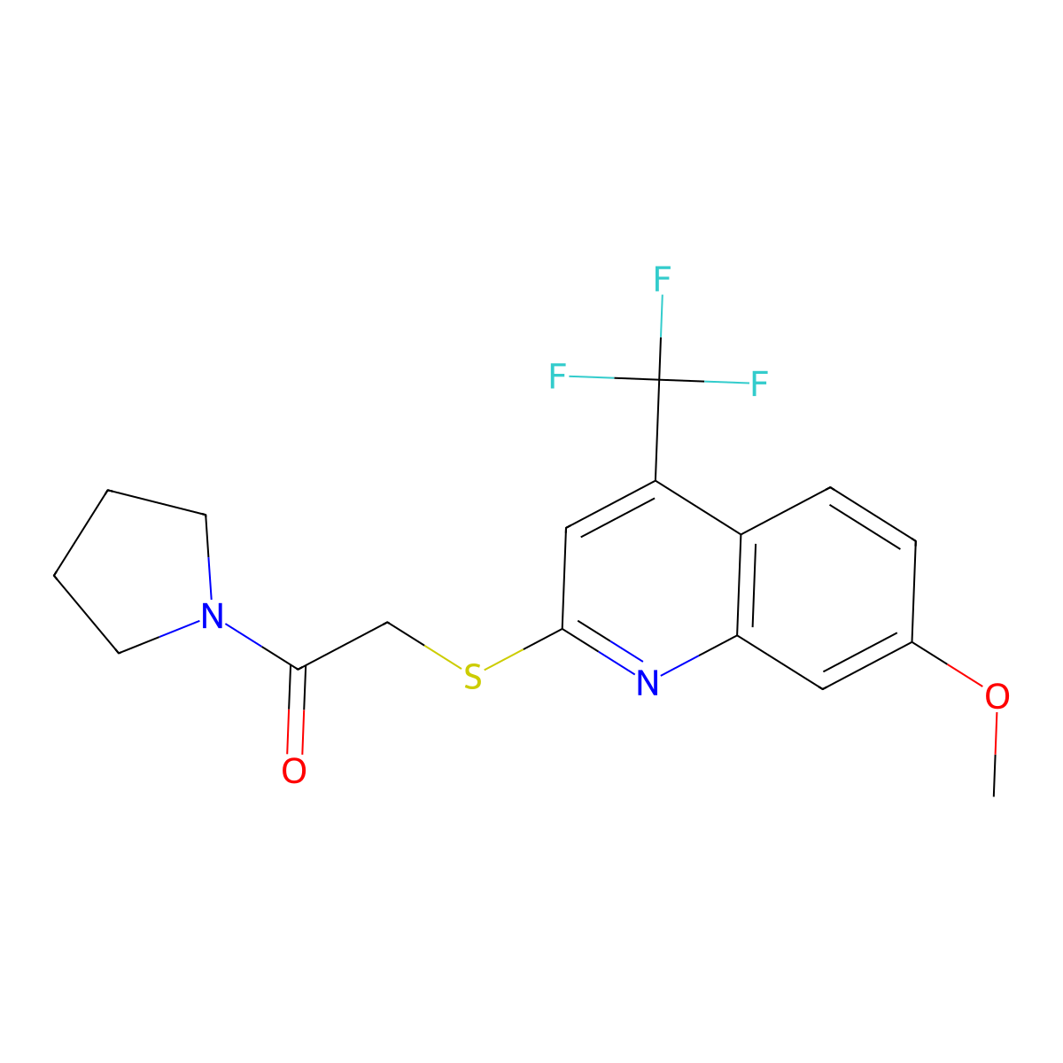 2-[7-Methoxy-4-(trifluoromethyl)quinolin-2-yl]sulfanyl-1-pyrrolidin-1-ylethanone molecular structure, CAS 852536-90-4