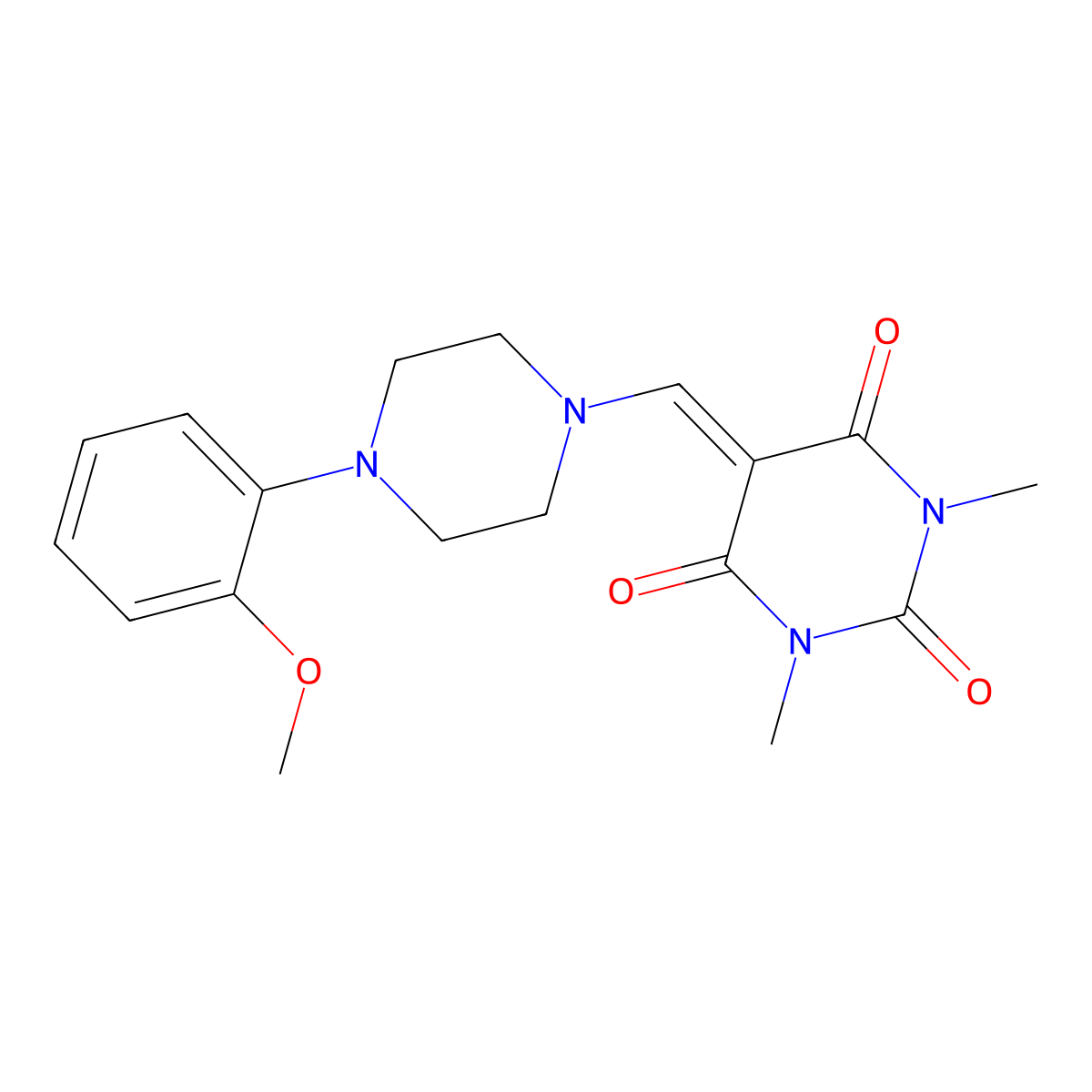 5-((4-(2-methoxyphenyl)piperazin-1-yl)methylene)-1,3-dimethylpyrimidine-2,4,6(1H,3H,5H)-trione molecular structure, CAS 852538-43-3