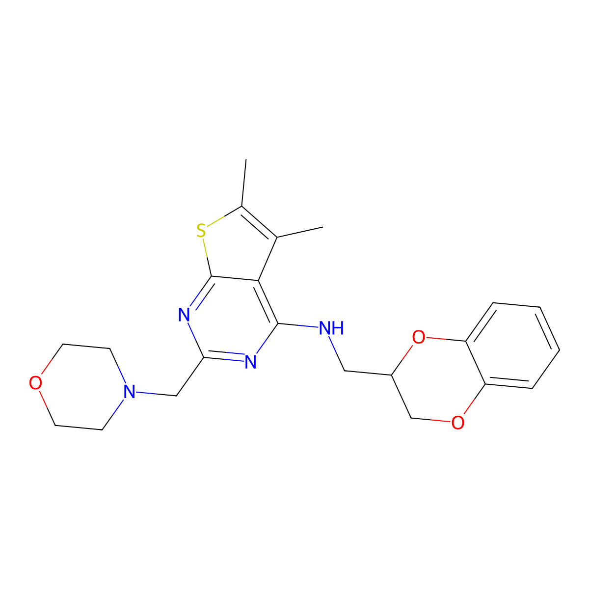 N-[(2,3-dihydro-1,4-benzodioxin-2-yl)methyl]-5,6-dimethyl-2-[(morpholin-4-yl)methyl]thieno[2,3-d]pyrimidin-4-amine molecular structure, CAS 852666-61-6