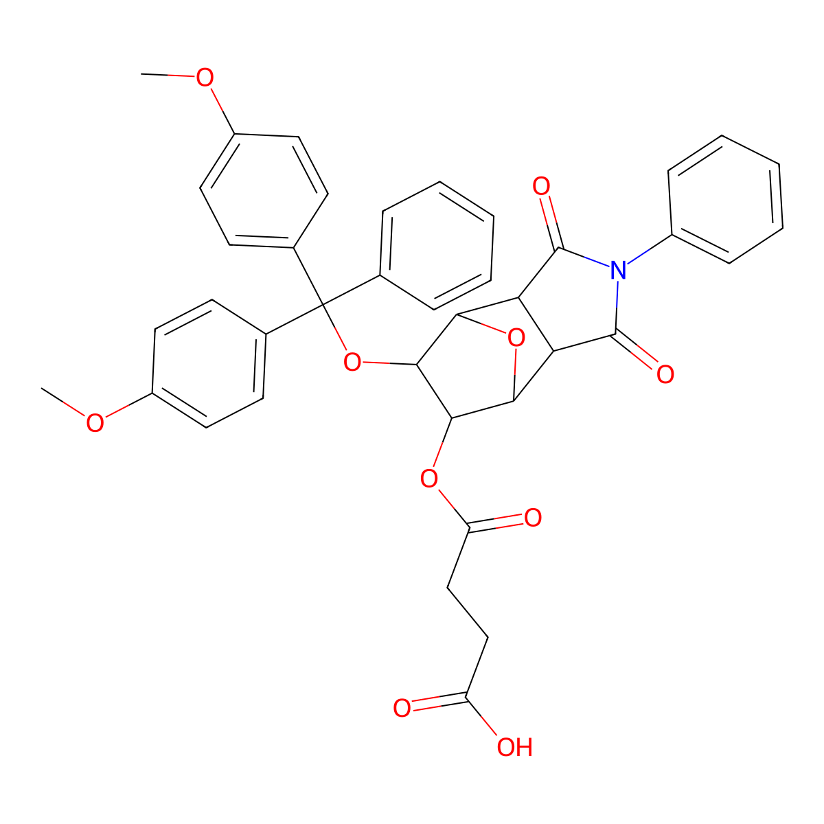 rel-4-(((3aS,4S,5S,6R,7R,7aR)-6-(Bis(4-methoxyphenyl)(phenyl)methoxy)-1,3-dioxo-2-phenyloctahydro-1H-4,7-epoxyisoindol-5-yl)oxy)-4-oxobutanoic acid molecular structure, CAS 852684-08-3