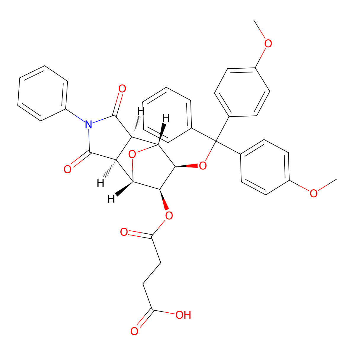 rel-4-(((3aS,4S,5S,6R,7R,7aR)-6-(Bis(4-methoxyphenyl)(phenyl)methoxy)-1,3-dioxo-2-phenyloctahydro-1H-4,7-epoxyisoindol-5-yl)oxy)-4-oxobutanoic acid molecular structure, CAS 852684-08-3