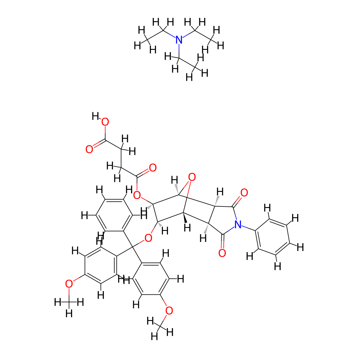 Triethylamine rel-4-(((3AS,4S,5S,6R,7R,7AR)-6-(bis(4-methoxyphenyl)(phenyl)methoxy)-1,3-dioxo-2-phenyloctahydro-1H-4,7-epoxyisoindol-5-YL)oxy)-4-oxobutanoate molecular structure, CAS 852684-09-4