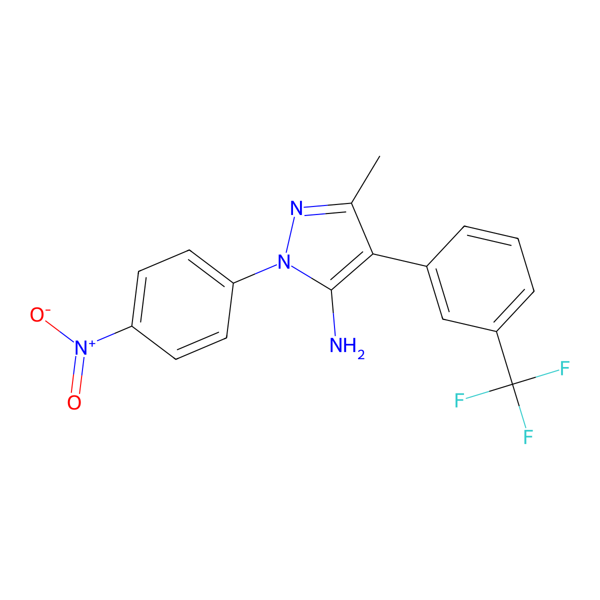 3-Methyl-1-(4-nitrophenyl)-4-(3-(trifluoromethyl)phenyl)-1H-pyrazol-5-amine molecular structure, CAS 852690-94-9