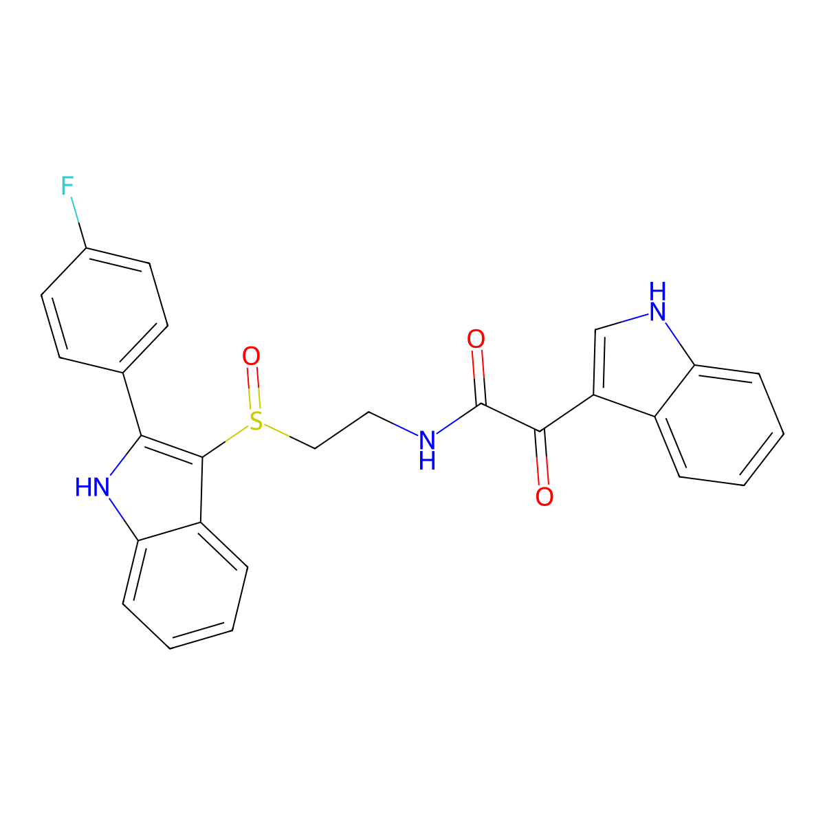 N-(2-{[2-(4-fluorophenyl)-1H-indol-3-yl]sulfinyl}ethyl)-2-(1H-indol-3-yl)-2-oxoacetamide molecular structure, CAS 852691-23-7