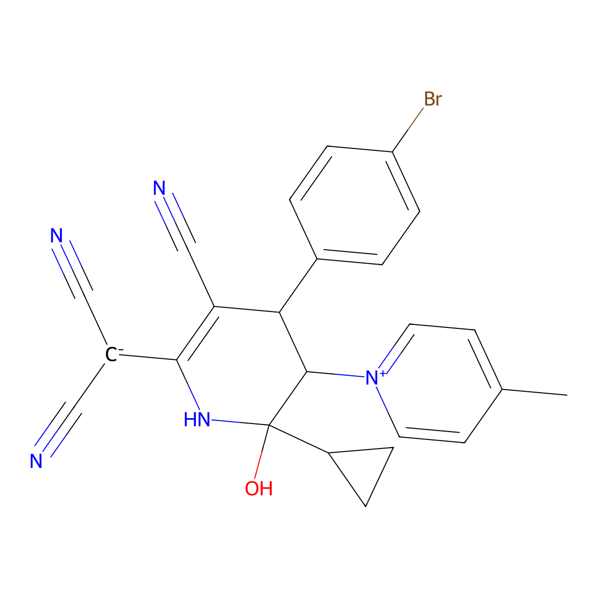 [2-[4-(4-bromophenyl)-5-cyano-2-cyclopropyl-2-hydroxy-3-(4-methylpyridin-1-ium-1-yl)-3,4-dihydro-1H-pyridin-6-yl]-2-cyanoethenylidene]azanide molecular structure, CAS 852691-24-8