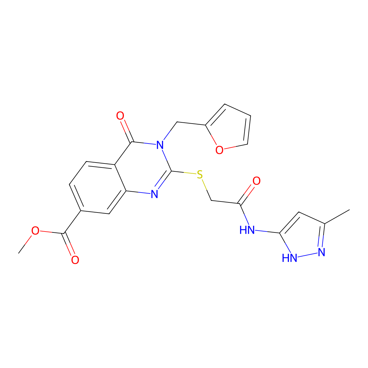 methyl 3-(furan-2-ylmethyl)-2-[2-[(5-methyl-1H-pyrazol-3-yl)amino]-2-oxoethyl]sulfanyl-4-oxoquinazoline-7-carboxylate molecular structure, CAS 852691-37-3