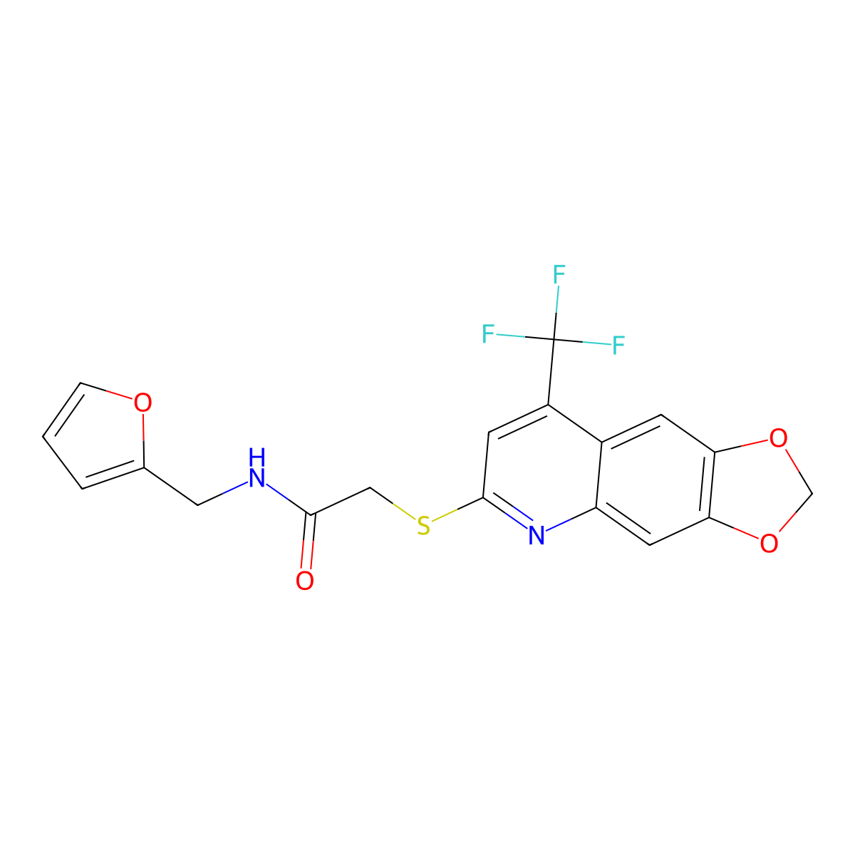 N-(furan-2-ylmethyl)-2-((8-(trifluoromethyl)-[1,3]dioxolo[4,5-g]quinolin-6-yl)thio)acetamide molecular structure, CAS 852696-68-5