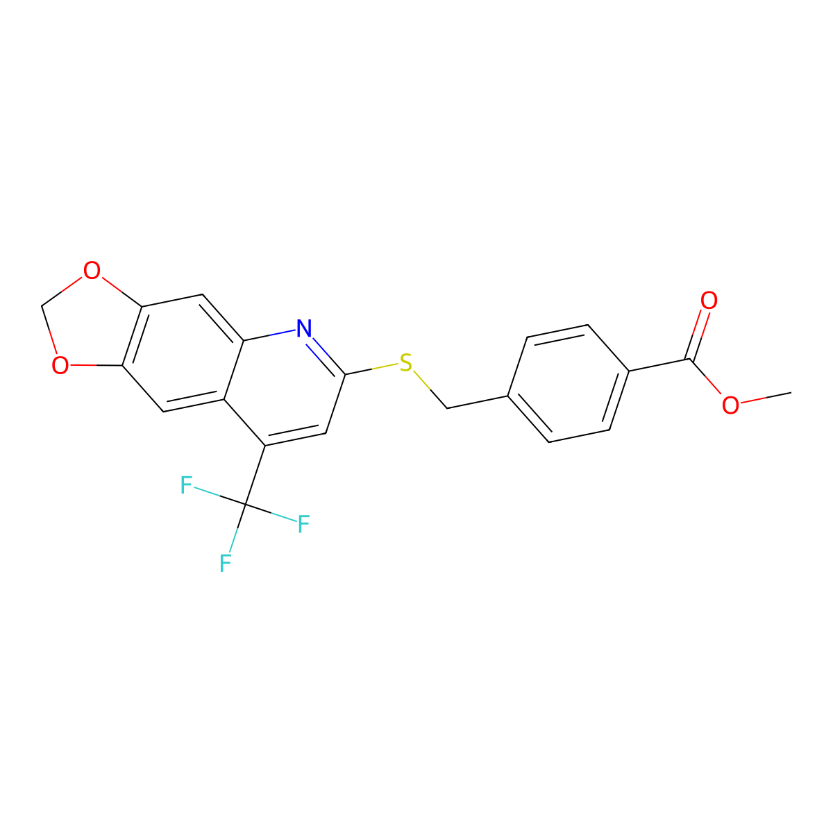 Methyl 4-({[8-(trifluoromethyl)-2H-[1,3]dioxolo[4,5-G]quinolin-6-YL]sulfanyl}methyl)benzoate molecular structure, CAS 852696-77-6