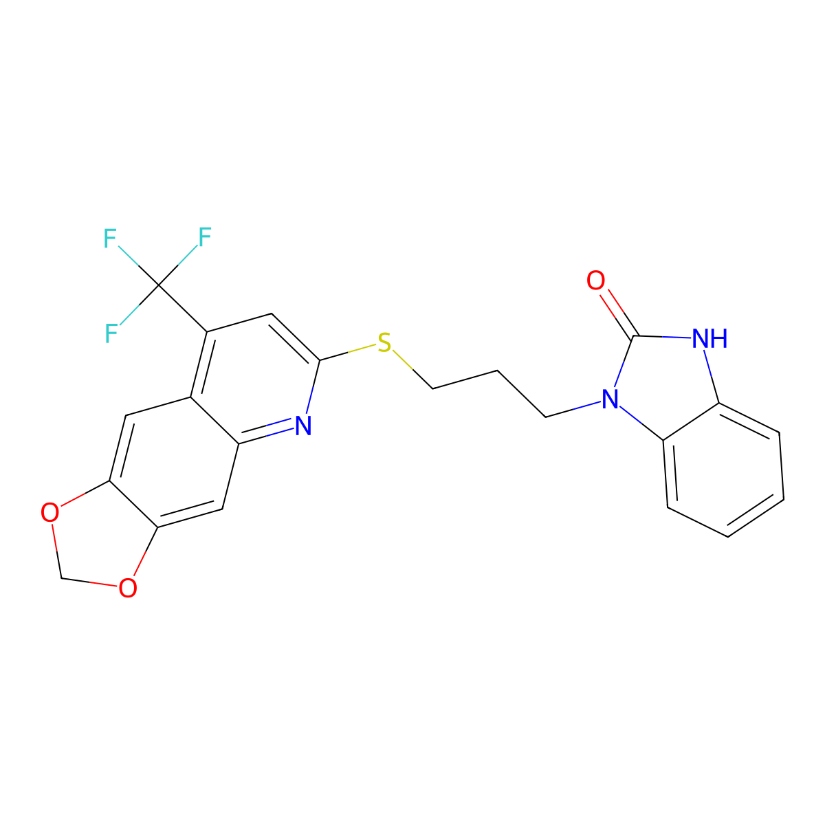 3-[3-[[8-(trifluoromethyl)-[1,3]dioxolo[4,5-g]quinolin-6-yl]sulfanyl]propyl]-1H-benzimidazol-2-one molecular structure, CAS 852696-81-2