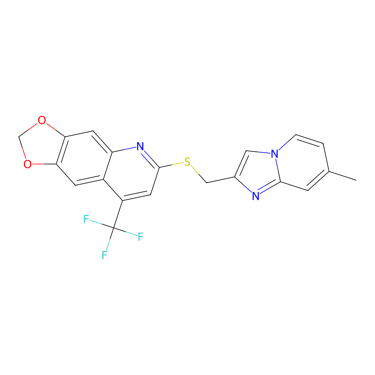 7-Methyl-2-({[8-(trifluoromethyl)-2H-[1,3]dioxolo[4,5-G]quinolin-6-YL]sulfanyl}methyl)imidazo[1,2-A]pyridine molecular structure, CAS 852698-69-2