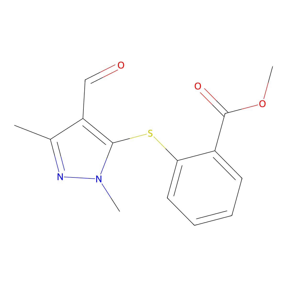 Methyl 2-[(4-formyl-1,3-dimethyl-1H-pyrazol-5-yl)-sulfanyl]benzenecarboxylate molecular structure, CAS 852700-50-6