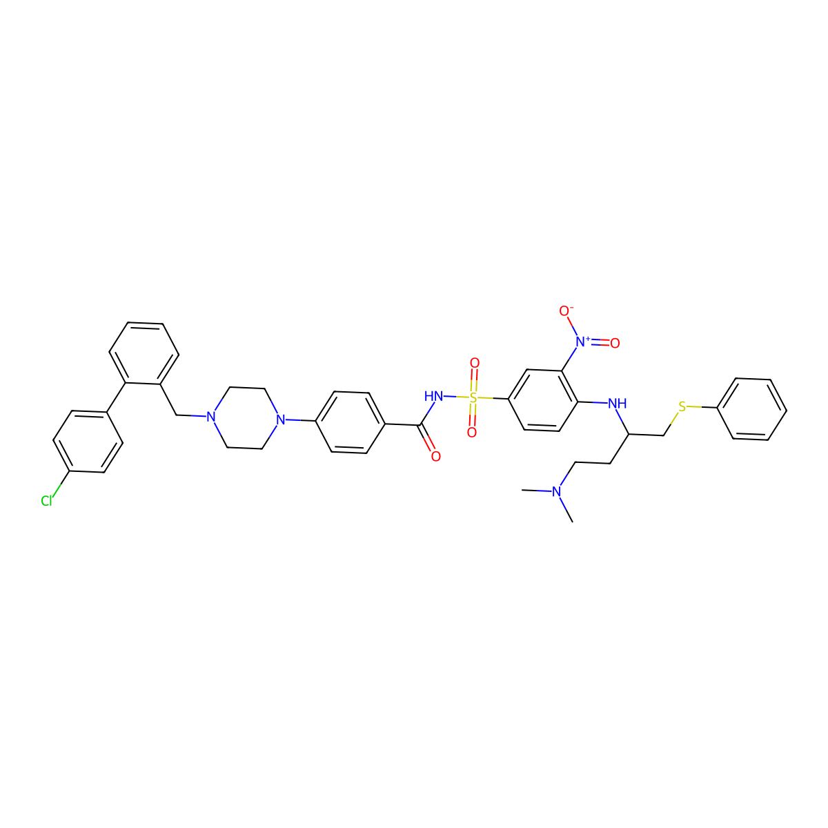 4-(4-((4'-Chloro(1,1'-biphenyl)-2-yl)methyl)-1-piperazinyl)-N-((4-(((1R)-3-(dimethylamino)-1-((phenylthio)methyl)propyl)amino)-3-nitrophenyl)sulfonyl)benzamide molecular structure, CAS 852808-04-9