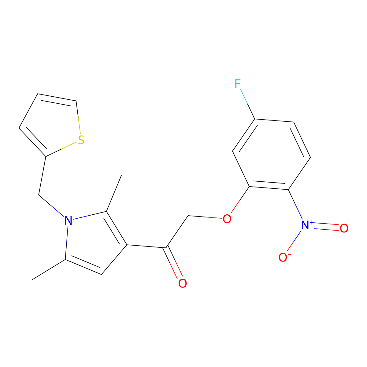 1-(2,5-Dimethyl-1-(thiophen-2-ylmethyl)-1H-pyrrol-3-yl)-2-(5-fluoro-2-nitrophenoxy)ethan-1-one molecular structure, CAS 852905-13-6