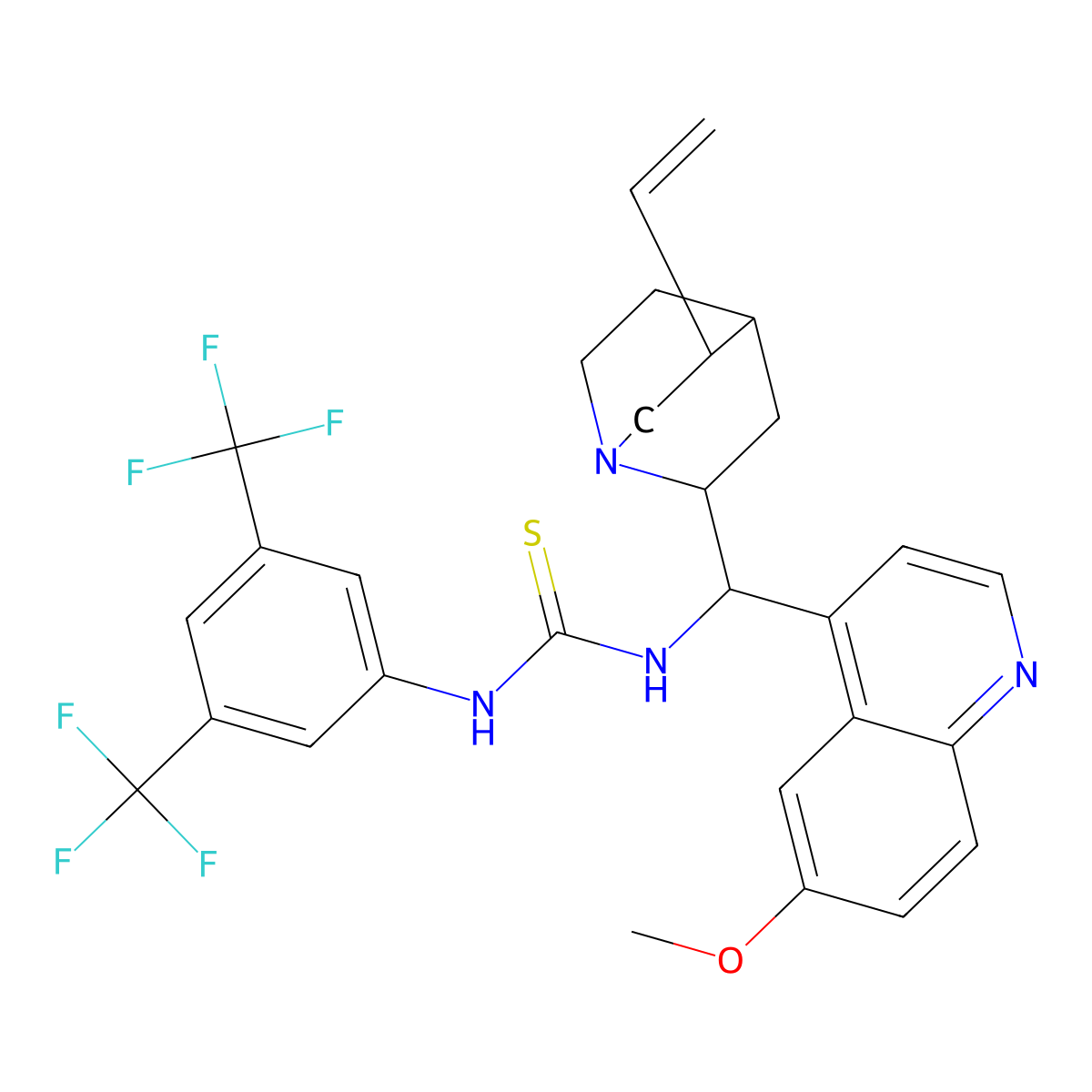 1-(3,5-bis(trifluoromethyl)phenyl)-3-((S)-((2S,4S,5R)-5-ethenyl-1-azabicyclo(2.2.2)octan-2-yl)-(6-methoxyquinolin-4-yl)methyl)thiourea molecular structure, CAS 852913-16-7