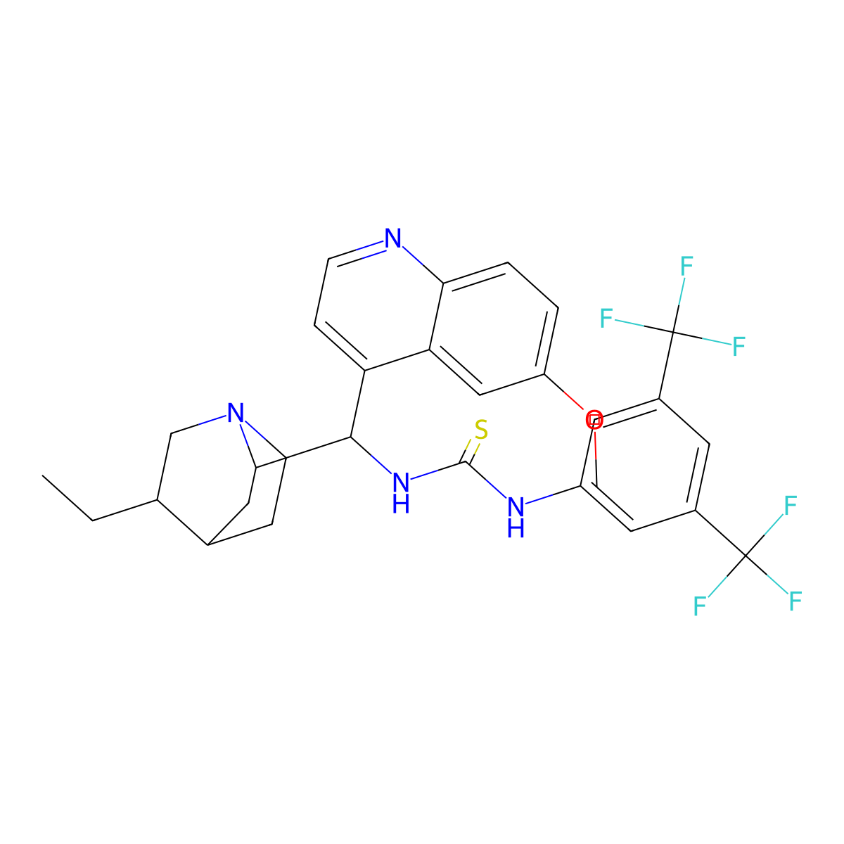1-[3,5-Bis(trifluoromethyl)phenyl)-3-{(S)[(2S,4S,5R)-5-ethyl-1-aza-bicyclo[2.2.2]oct-2-yl]-(6-methoxy-4-quinolinyl)methyl}thiourea molecular structure, CAS 852913-19-0
