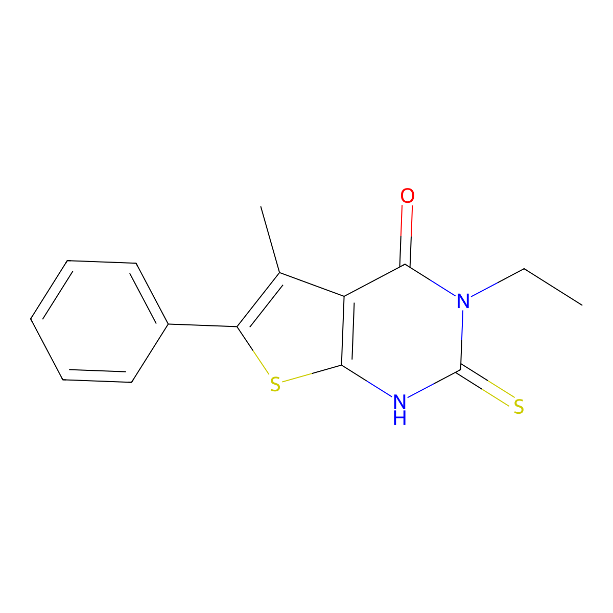 3-ethyl-5-methyl-6-phenyl-2-sulfanyl-3H,4H-thieno[2,3-d]pyrimidin-4-one molecular structure, CAS 852933-45-0