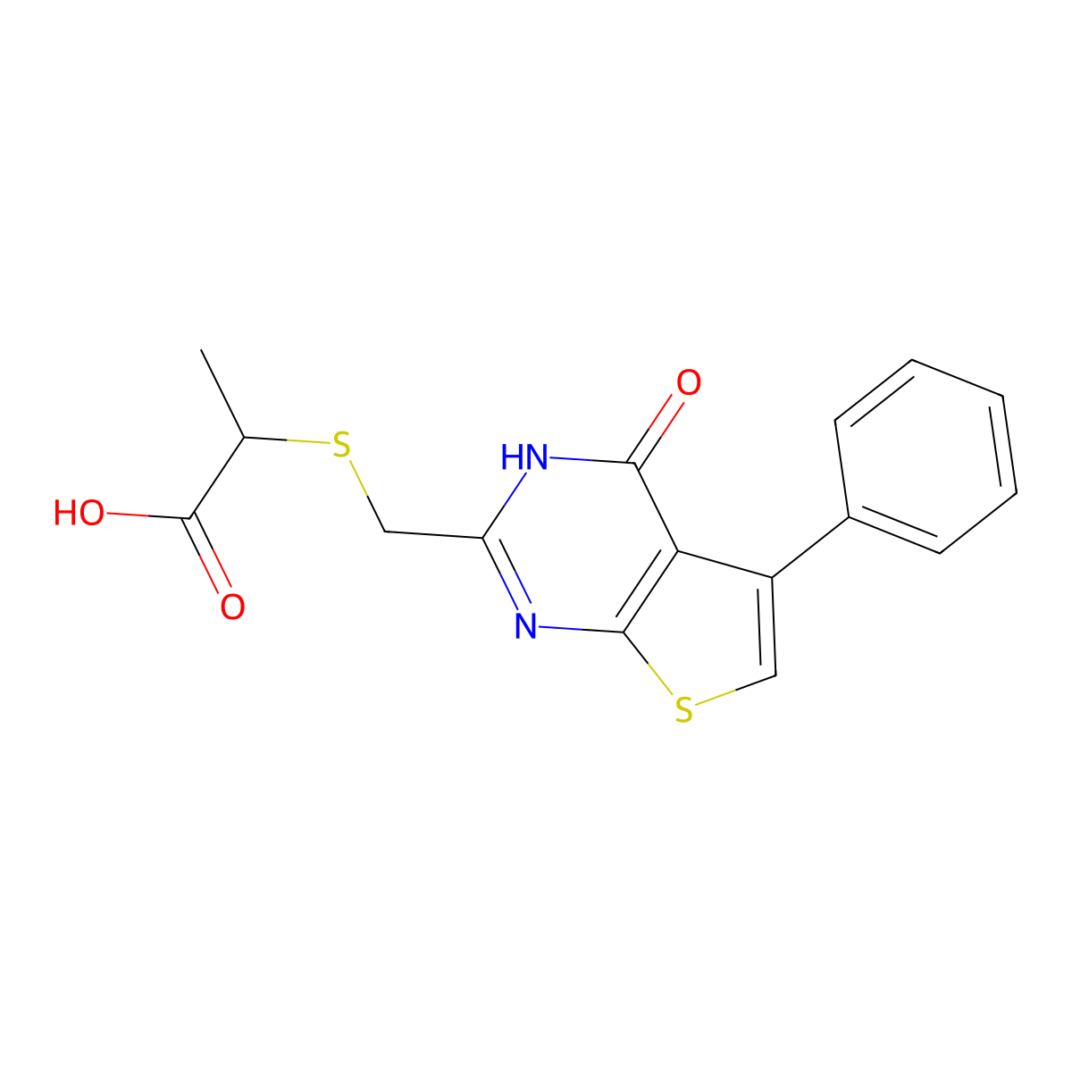 2-[({4-oxo-5-phenyl-3H,4H-thieno[2,3-d]pyrimidin-2-yl}methyl)sulfanyl]propanoic acid molecular structure, CAS 852933-47-2