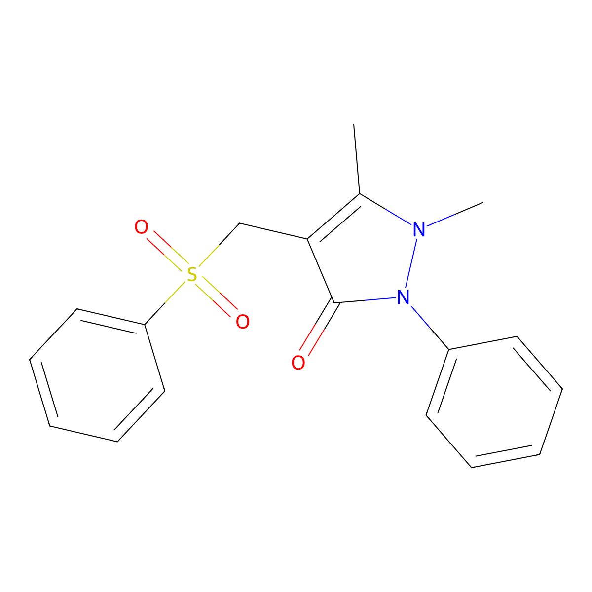 1,5-dimethyl-2-phenyl-4-[(phenylsulfonyl)methyl]-1,2-dihydro-3H-pyrazol-3-one molecular structure, CAS 853-49-6