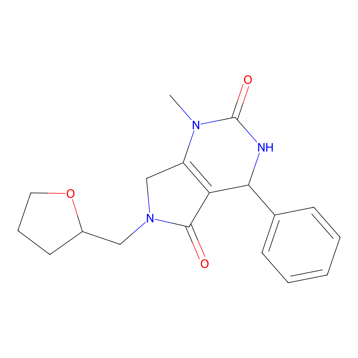 1-methyl-4-phenyl-6-((tetrahydrofuran-2-yl)methyl)-3,4,6,7-tetrahydro-1H-pyrrolo[3,4-d]pyrimidine-2,5-dione molecular structure, CAS 853104-88-8