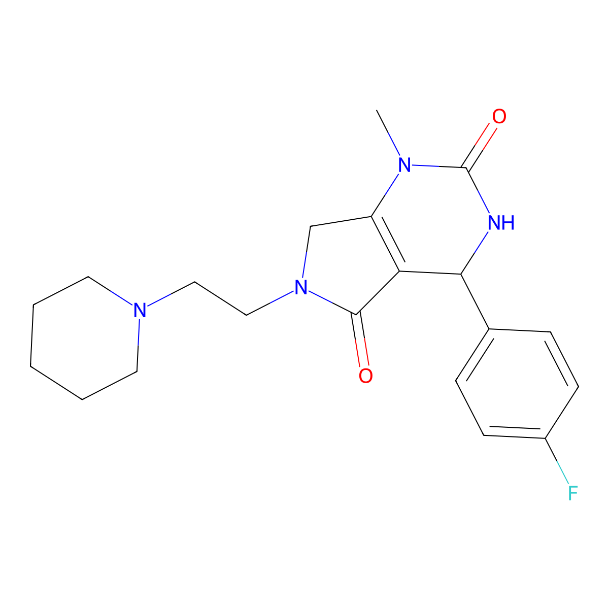 4-(4-fluorophenyl)-1-methyl-6-[2-(piperidin-1-yl)ethyl]-1H,2H,3H,4H,5H,6H,7H-pyrrolo[3,4-d]pyrimidine-2,5-dione molecular structure, CAS 853108-16-4
