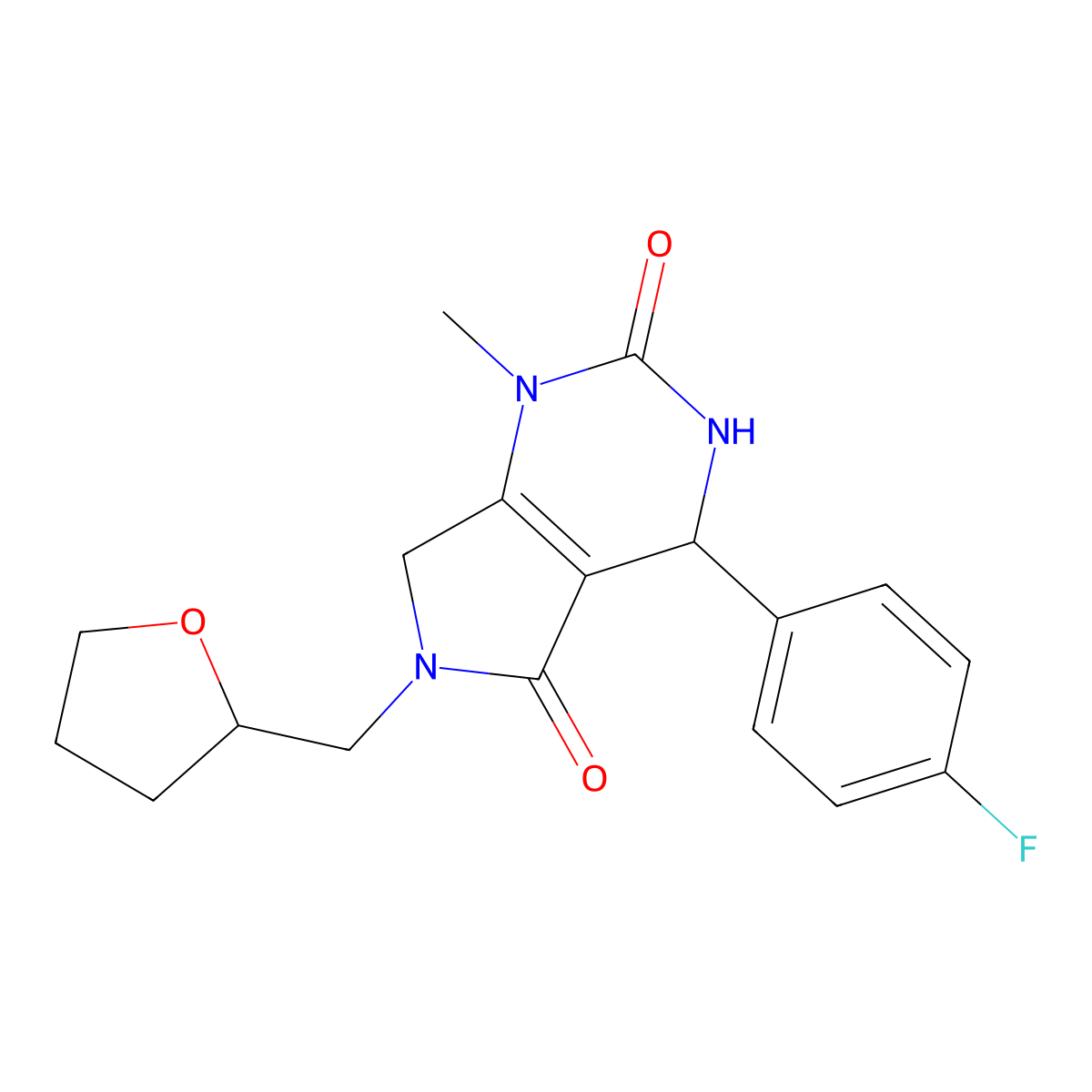 4-(4-fluorophenyl)-1-methyl-6-((tetrahydrofuran-2-yl)methyl)-3,4,6,7-tetrahydro-1H-pyrrolo[3,4-d]pyrimidine-2,5-dione molecular structure, CAS 853108-28-8