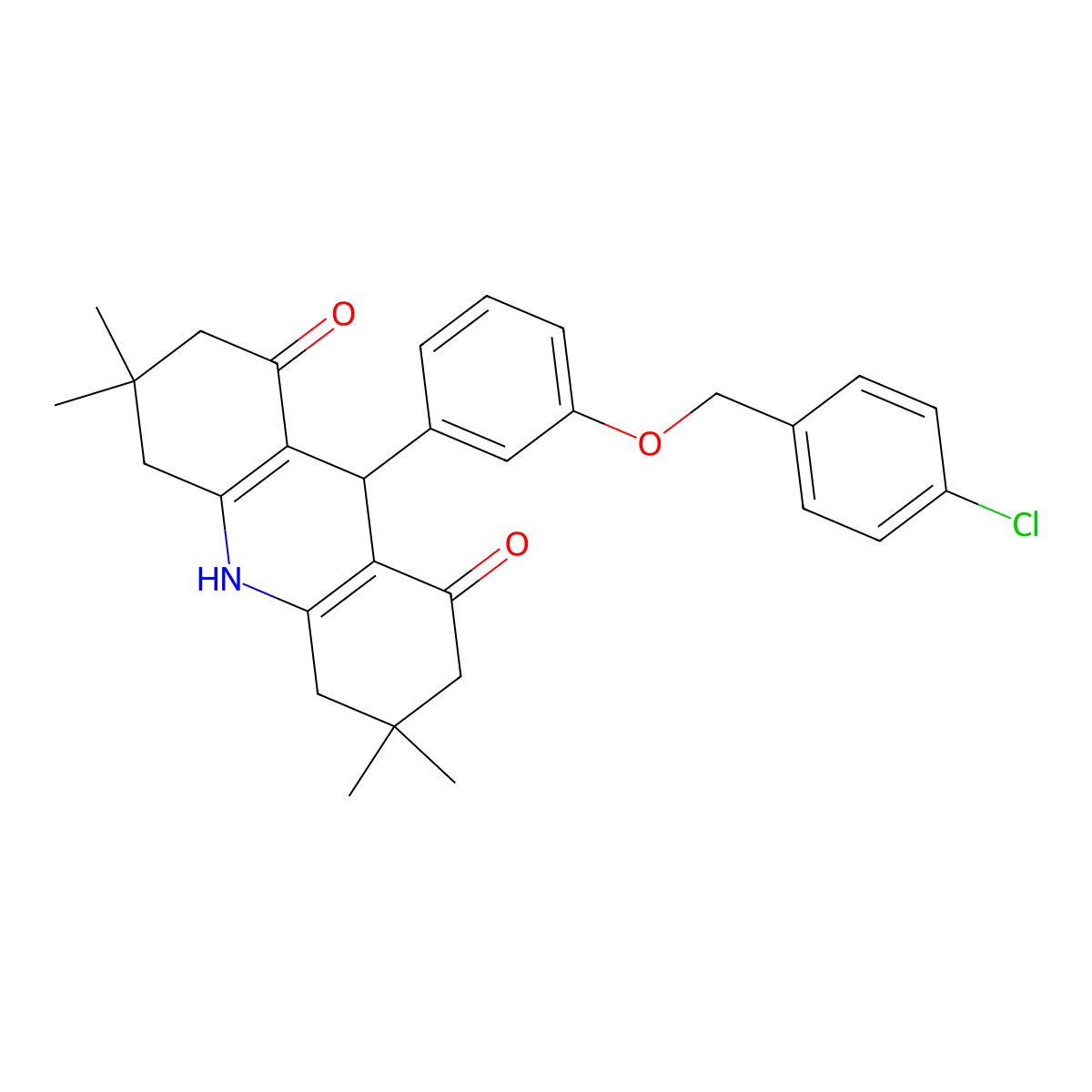 9-(3-((4-Chlorobenzyl)oxy)phenyl)-3,3,6,6-tetramethyl-3,4,6,7,9,10-hexahydro-1,8(2H,5H)-acridinedione molecular structure, CAS 853316-59-3