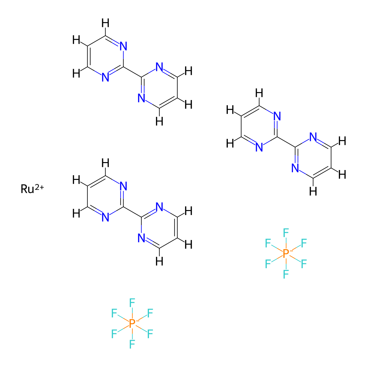 Ruthenium(2+), tris(2,2'-bipyrimidine-κN1,κN1')-, (OC-6-11)-, hexafluorophosphate(1-) (1:2) molecular structure, CAS 85335-55-3