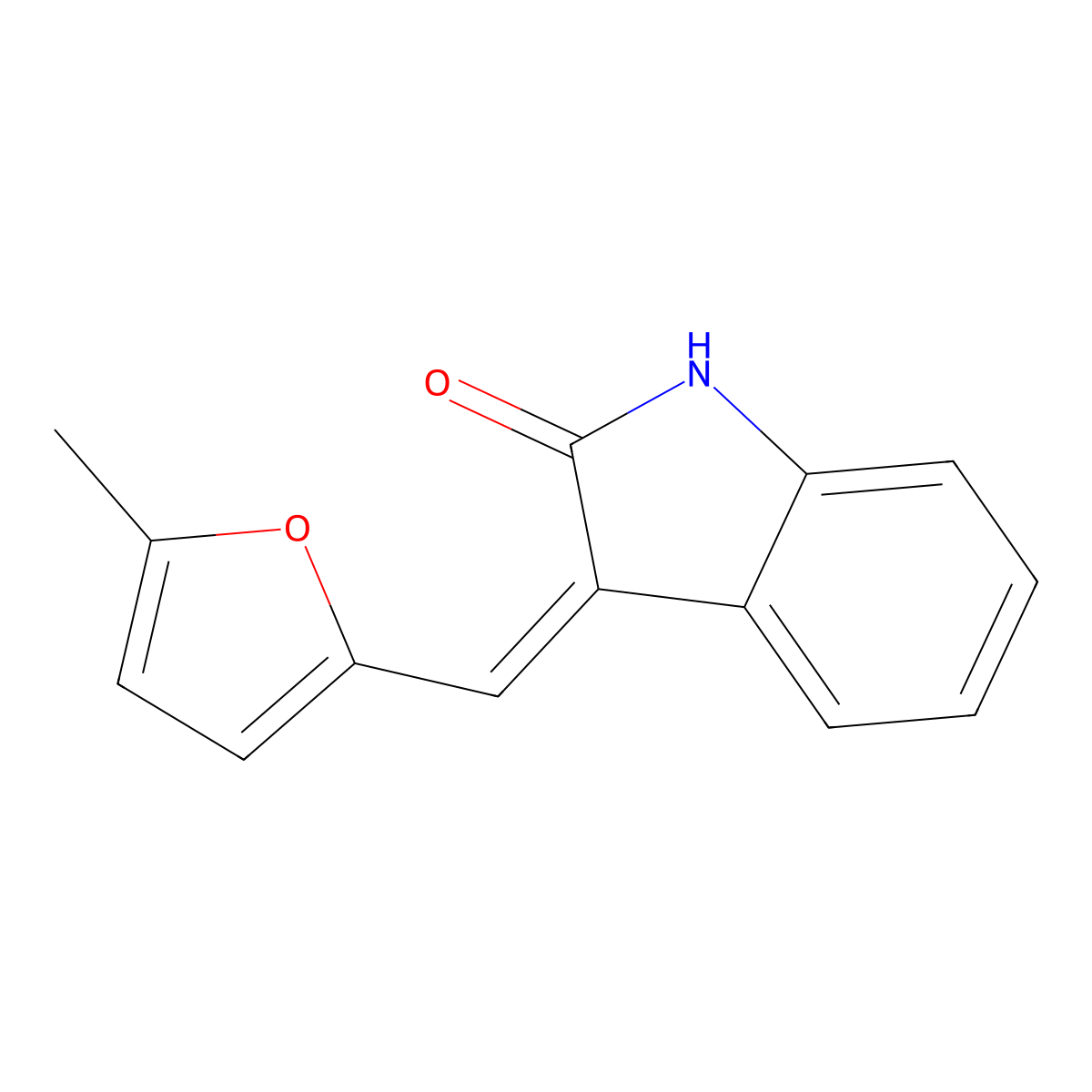 2H-Indol-2-one, 1,3-dihydro-3-[(5-methyl-2-furanyl)methylene]- molecular structure, CAS 853356-16-8