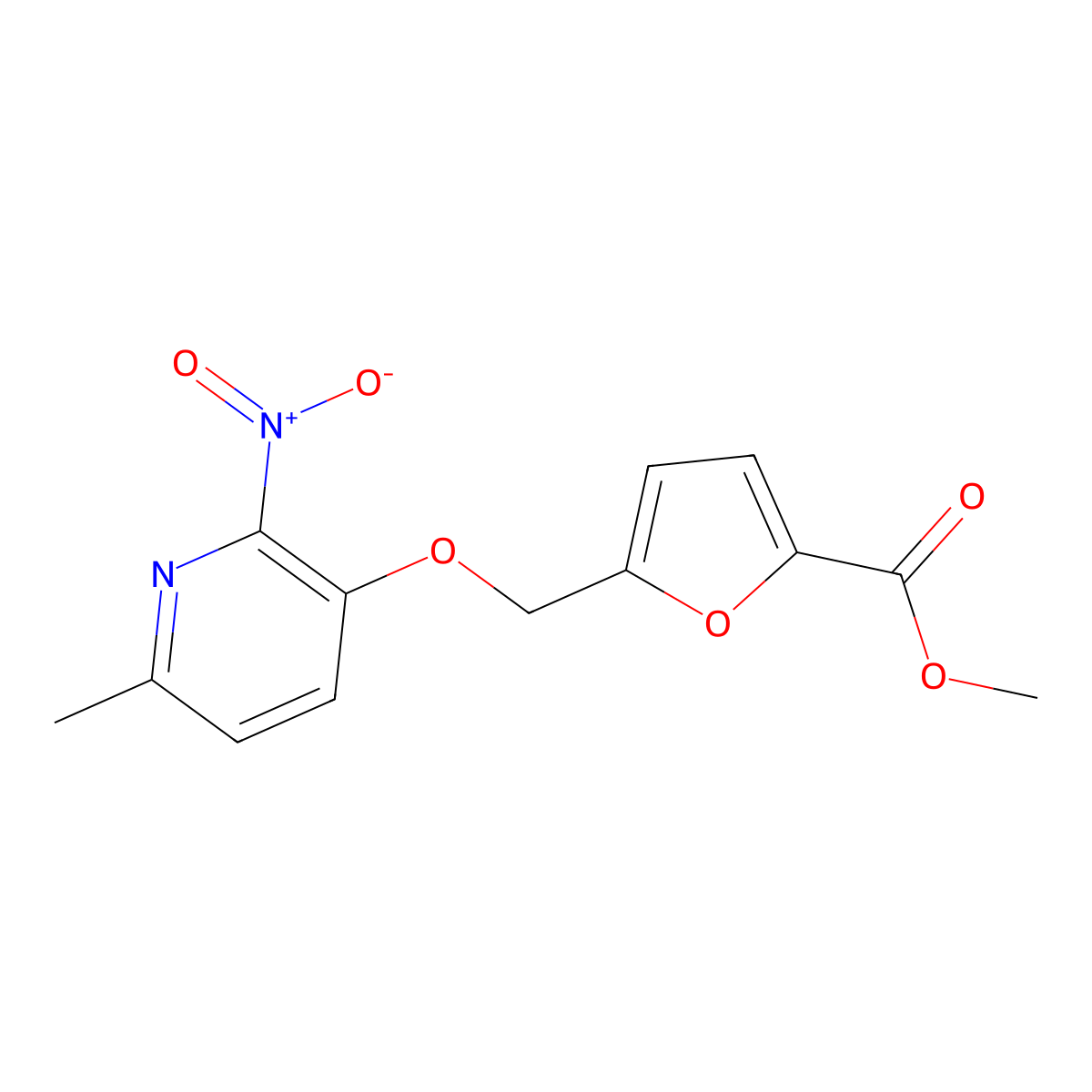 Methyl 5-(((6-methyl-2-nitropyridin-3-yl)oxy)methyl)furan-2-carboxylate molecular structure, CAS 853570-80-6
