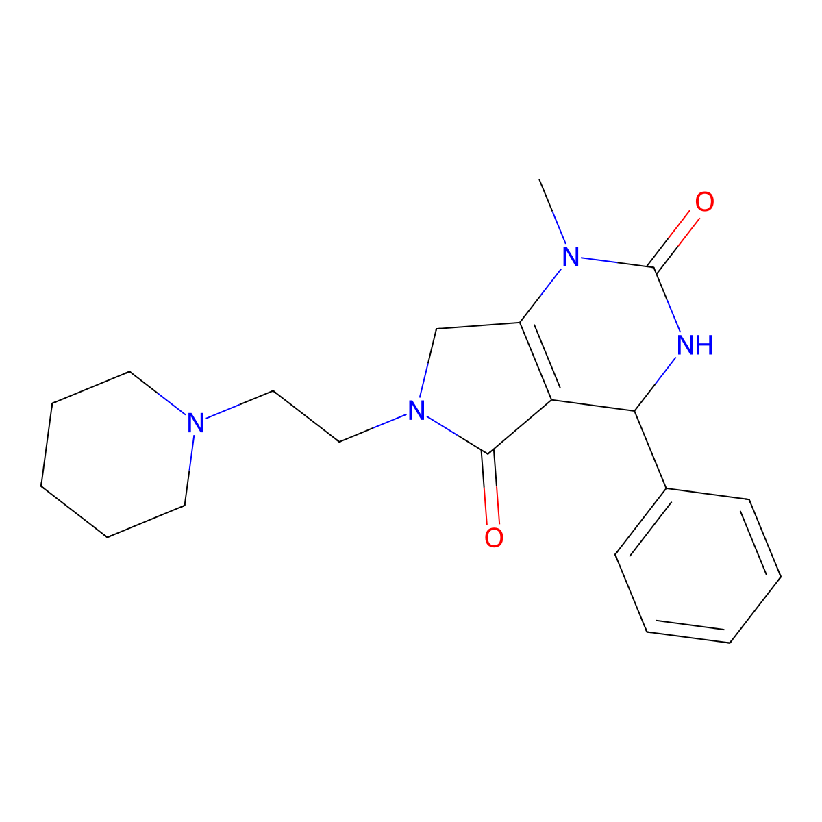 1-methyl-4-phenyl-6-[2-(piperidin-1-yl)ethyl]-1H,2H,3H,4H,5H,6H,7H-pyrrolo[3,4-d]pyrimidine-2,5-dione molecular structure, CAS 853618-66-3