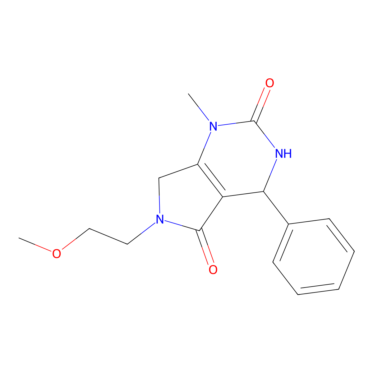 6-(2-methoxyethyl)-1-methyl-4-phenyl-1H,2H,3H,4H,5H,6H,7H-pyrrolo[3,4-d]pyrimidine-2,5-dione molecular structure, CAS 853619-21-3