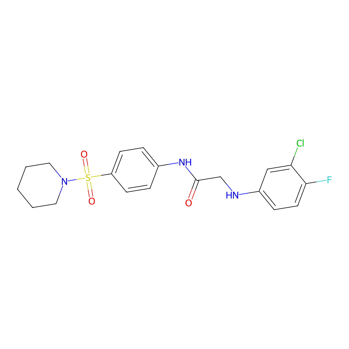 2-((3-Chloro-4-fluorophenyl)amino)-N-(4-(piperidin-1-ylsulfonyl)phenyl)acetamide molecular structure, CAS 853695-44-0