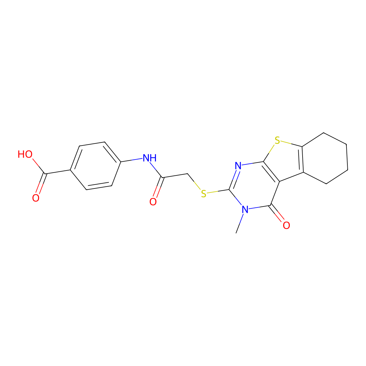 4-[2-({4-Methyl-3-oxo-8-thia-4,6-diazatricyclo[7.4.0.0^{2,7}]trideca-1(9),2(7),5-trien-5-yl}sulfanyl)acetamido]benzoic acid molecular structure, CAS 853724-58-0