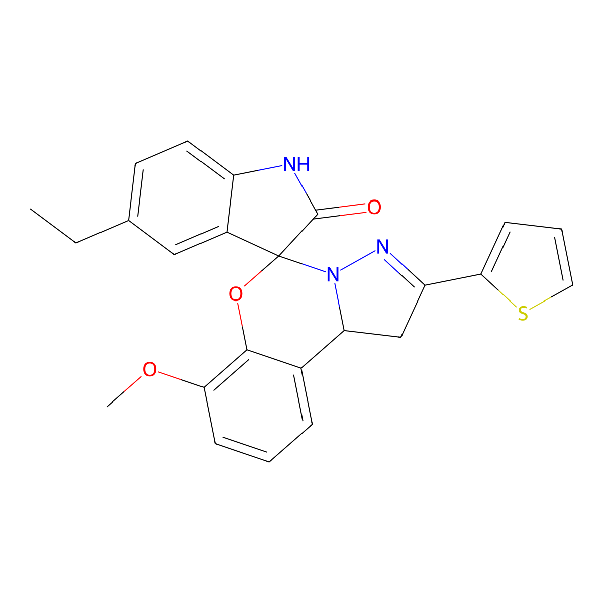 5-Ethyl-10'-methoxy-4'-(thiophen-2-yl)-1,2-dihydro-8'-oxa-5',6'-diazaspiro[indole-3,7'-tricyclo[7.4.0.0^{2,6}]tridecane]-1'(9'),4',10',12'-tetraen-2-one molecular structure, CAS 853740-58-6