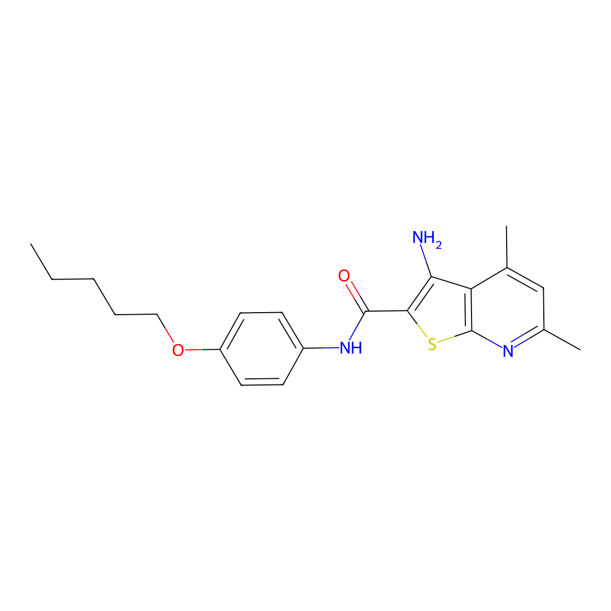 3-amino-4,6-dimethyl-N-(4-pentoxyphenyl)thieno[2,3-b]pyridine-2-carboxamide molecular structure, CAS 853743-67-6
