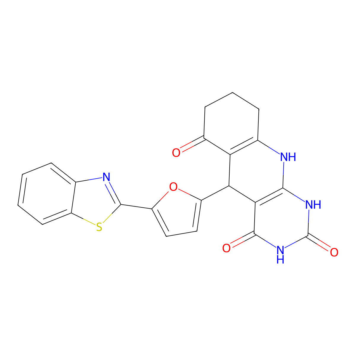 5-(5-(benzo[d]thiazol-2-yl)furan-2-yl)-7,8,9,10-tetrahydropyrimido[4,5-b]quinoline-2,4,6(1H,3H,5H)-trione molecular structure, CAS 853744-92-0