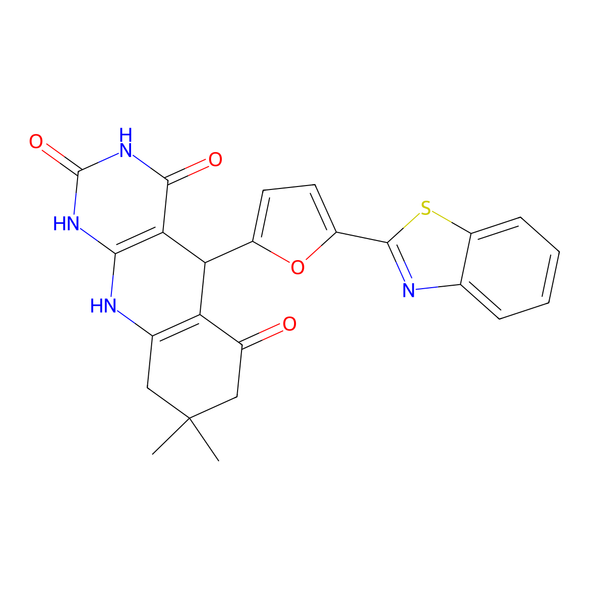 5-(5-(benzo[d]thiazol-2-yl)furan-2-yl)-8,8-dimethyl-7,8,9,10-tetrahydropyrimido[4,5-b]quinoline-2,4,6(1H,3H,5H)-trione molecular structure, CAS 853744-93-1