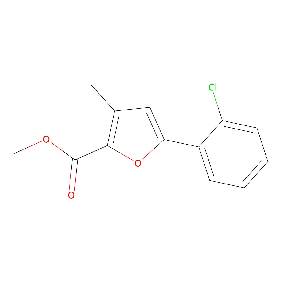 Methyl 5-(2-chlorophenyl)-3-methylfuran-2-carboxylate molecular structure, CAS 853744-94-2
