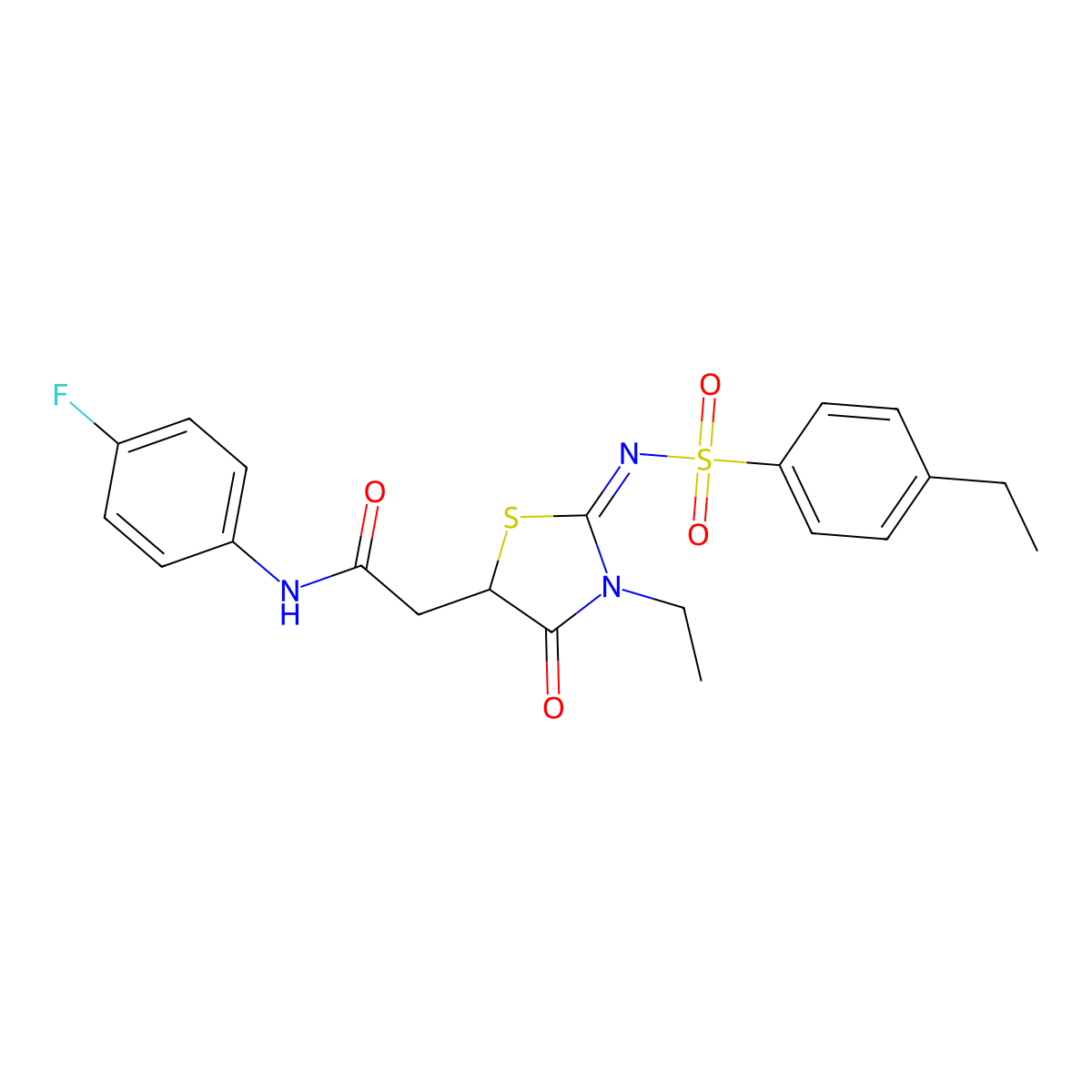 2-[3-ethyl-2-(4-ethylphenyl)sulfonylimino-4-oxo-1,3-thiazolidin-5-yl]-N-(4-fluorophenyl)acetamide molecular structure, CAS 853747-57-6