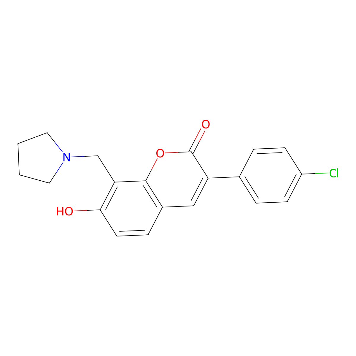 3-(4-chlorophenyl)-7-hydroxy-8-(pyrrolidin-1-ylmethyl)-2H-chromen-2-one molecular structure, CAS 853749-42-5