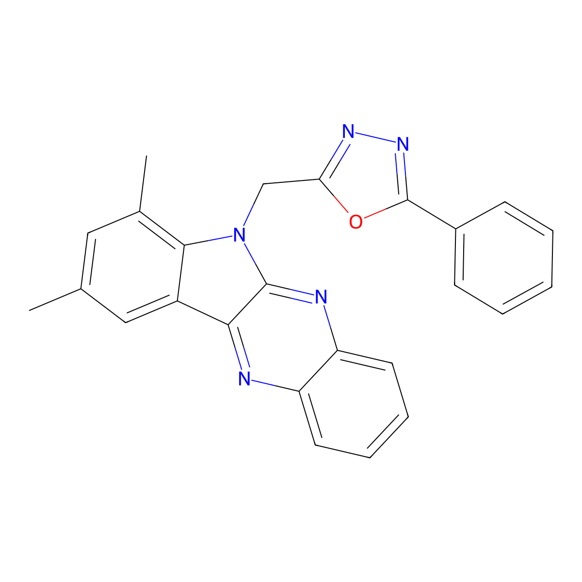 5-[(2,4-Dimethylindolo[2,3-b]quinoxalin-5-yl)methyl]-2-phenyl-1,3,4-oxadiazole molecular structure, CAS 853749-90-3