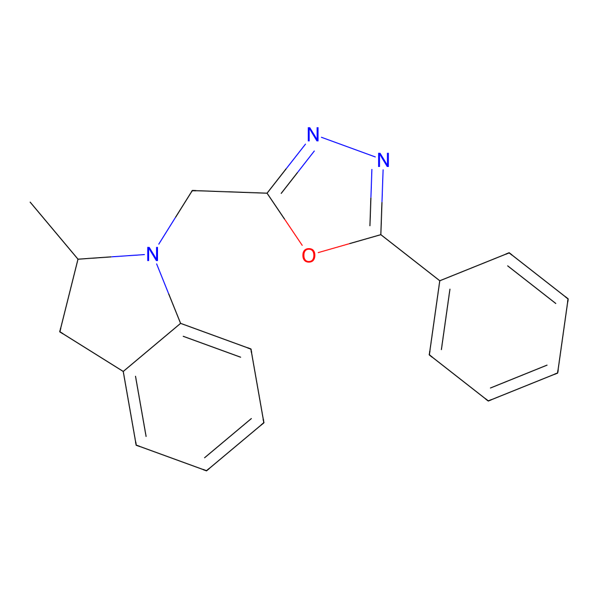 2-((2-Methylindolin-1-yl)methyl)-5-phenyl-1,3,4-oxadiazole molecular structure, CAS 853750-03-5