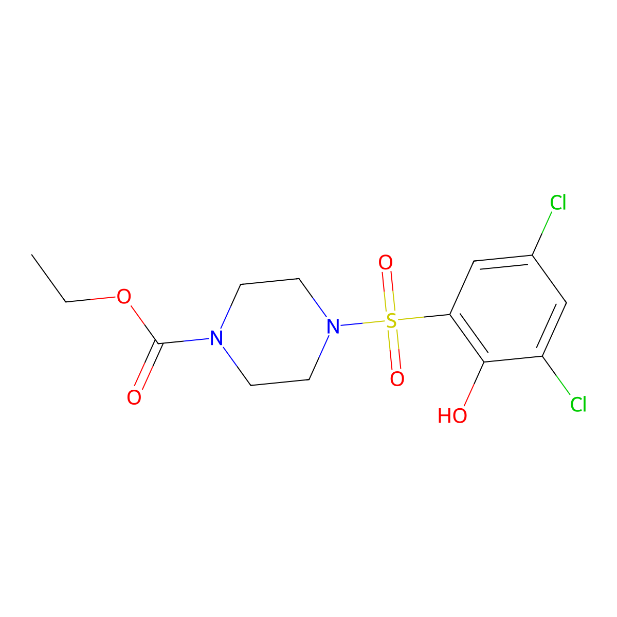 Ethyl 4-(3,5-dichloro-2-hydroxybenzenesulfonyl)piperazine-1-carboxylate molecular structure, CAS 853751-14-1