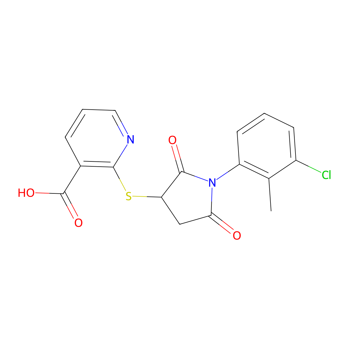 2-((1-(3-Chloro-2-methylphenyl)-2,5-dioxopyrrolidin-3-yl)thio)nicotinic acid molecular structure, CAS 853751-47-0