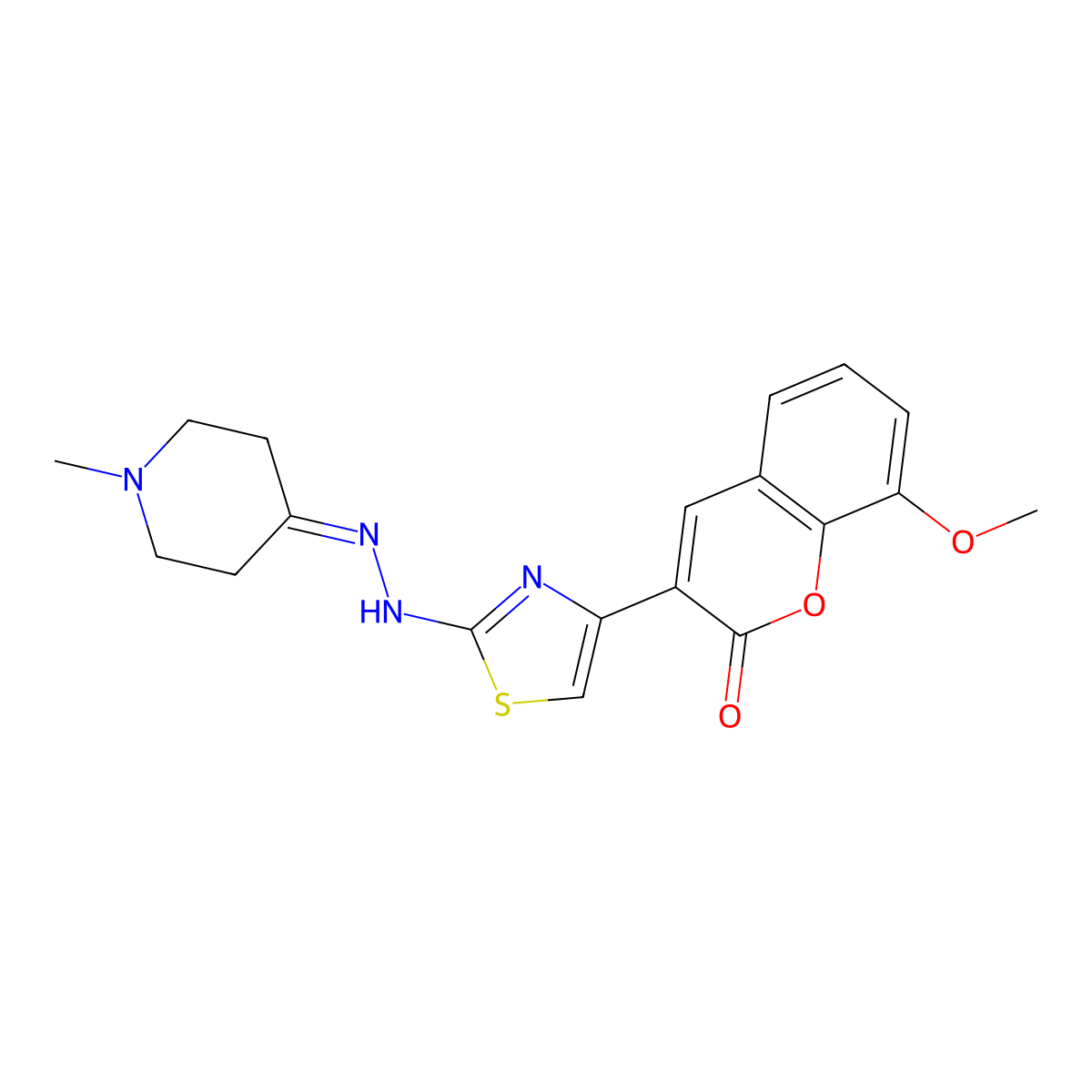 8-methoxy-3-(2-(2-(1-methylpiperidin-4-ylidene)hydrazinyl)thiazol-4-yl)-2H-chromen-2-one molecular structure, CAS 853752-11-1