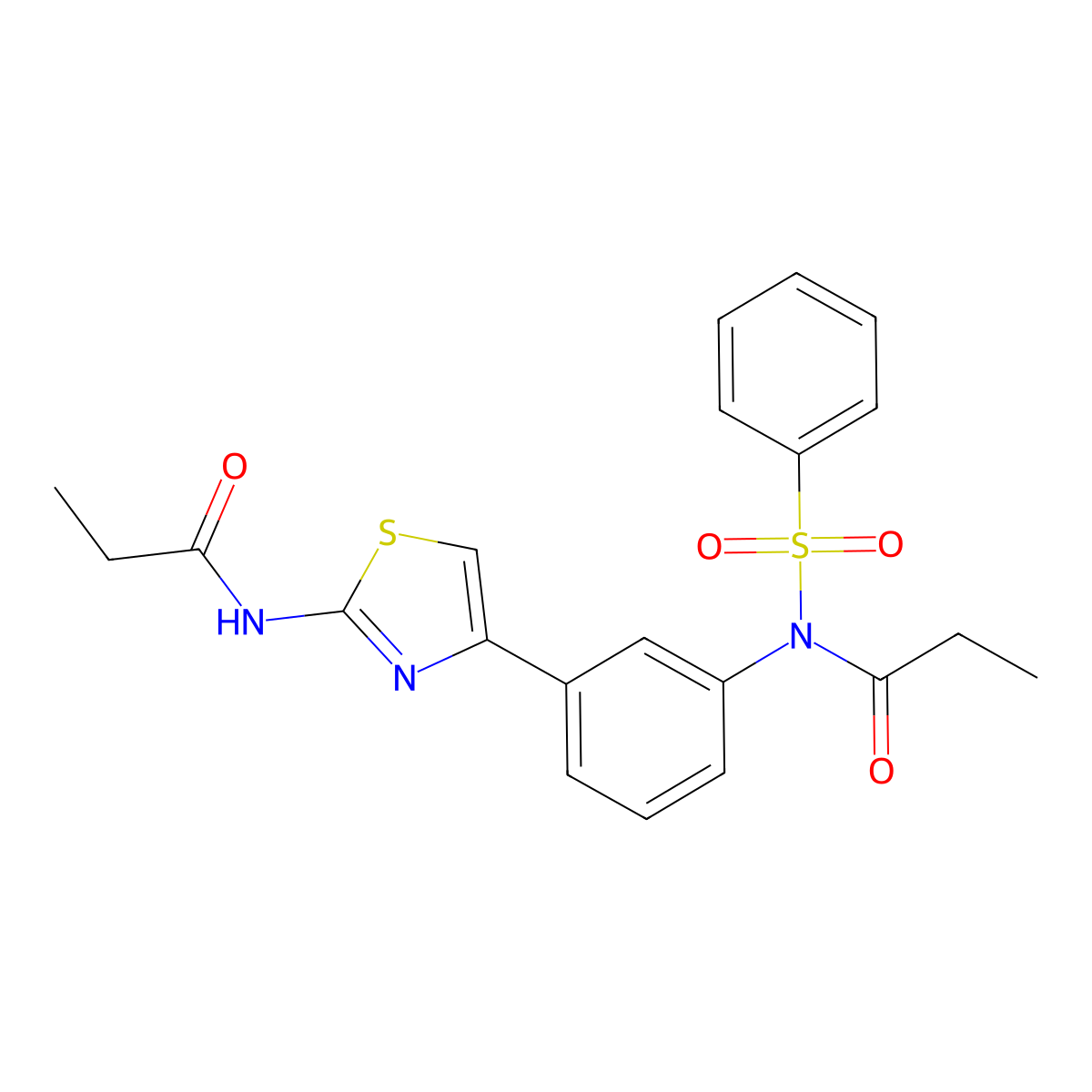 N-(benzenesulfonyl)-N-[3-(2-propanamido-1,3-thiazol-4-yl)phenyl]propanamide molecular structure, CAS 853752-43-9