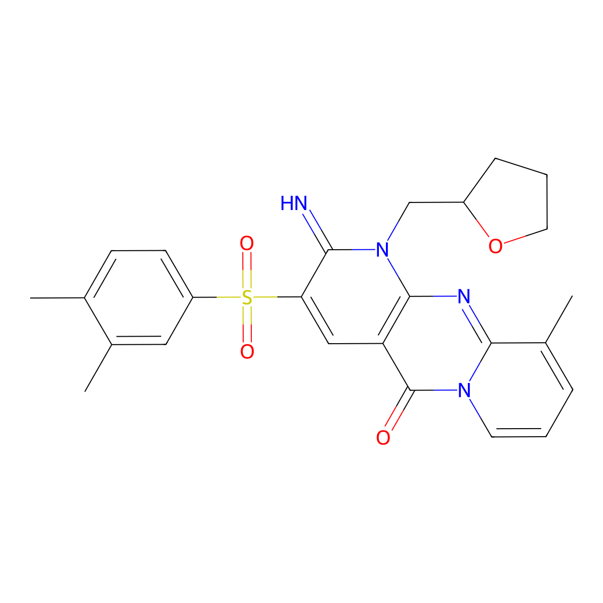3-[(3,4-dimethylphenyl)sulfonyl]-2-imino-10-methyl-1-(tetrahydro-2-furanylmethyl)-1,2-dihydro-5H-dipyrido[1,2-a:2,3-d]pyrimidin-5-one molecular structure, CAS 853753-21-6