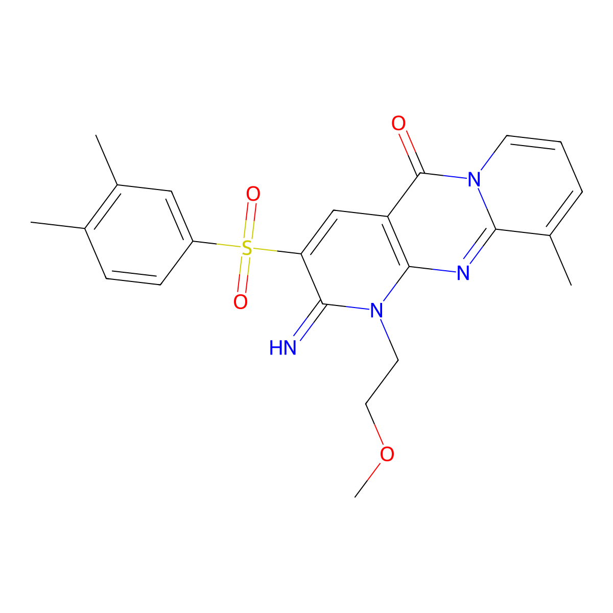 3-[(3,4-dimethylphenyl)sulfonyl]-2-imino-1-(2-methoxyethyl)-10-methyl-1,2-dihydro-5H-dipyrido[1,2-a:2,3-d]pyrimidin-5-one molecular structure, CAS 853753-72-7