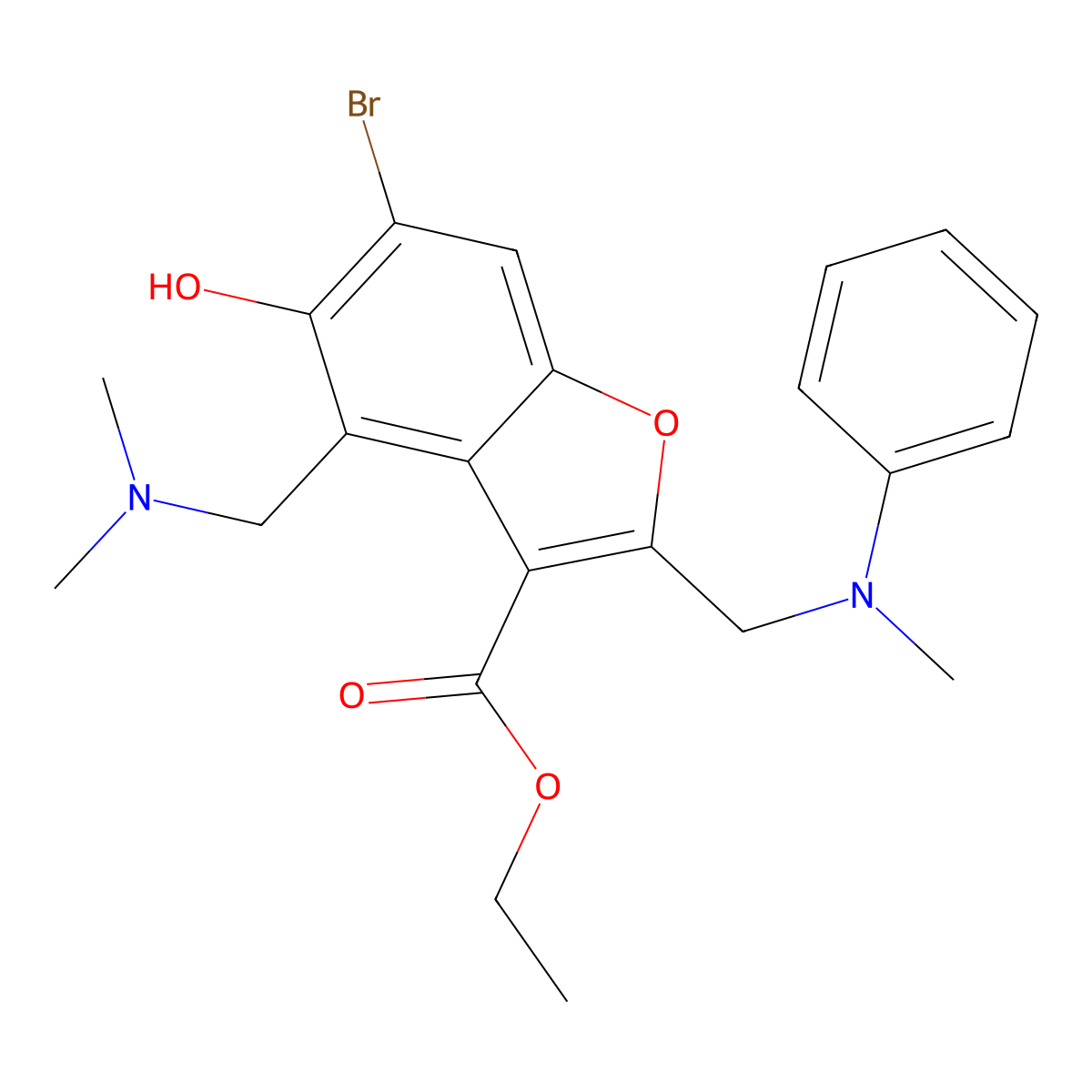 Ethyl 6-bromo-4-[(dimethylamino)methyl]-5-hydroxy-2-{[methyl(phenyl)amino]methyl}-1-benzofuran-3-carboxylate molecular structure, CAS 85388-75-6