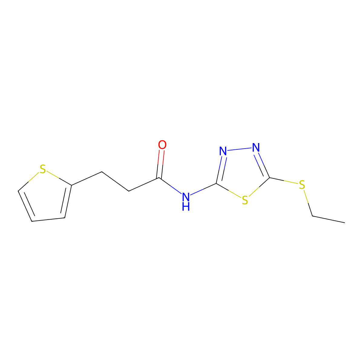 N-[5-(ethylsulfanyl)-1,3,4-thiadiazol-2-yl]-3-(thiophen-2-yl)propanamide molecular structure, CAS 853891-15-3